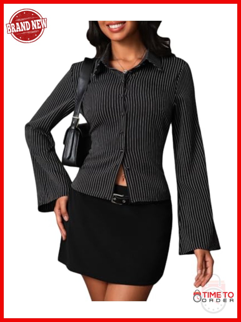 Striped Fitted Button Down Long Sleeve Blouse Office Work Top